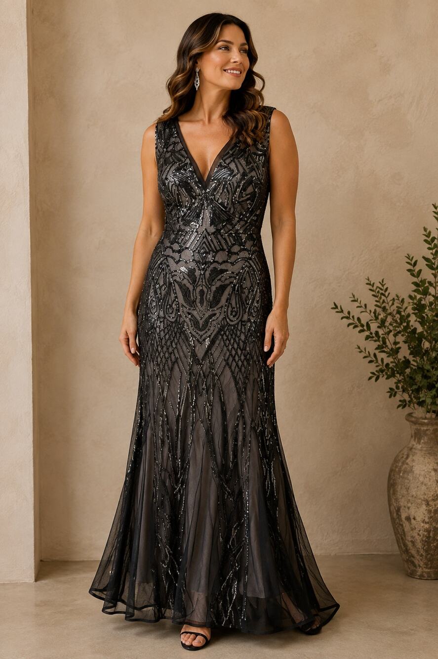R&M Richards Dress Womens 16 Black Sequin Beaded Maxi Gown Formal Evening